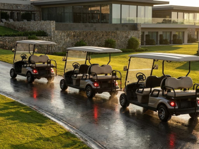 Four wheel hydraulic brakes secure multi slope golf cart fleets
